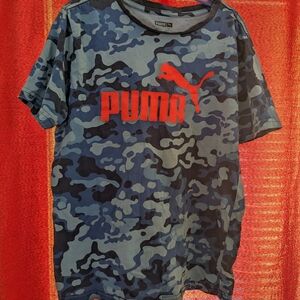 Puma Blue Camo Kids Tee with Red Logo